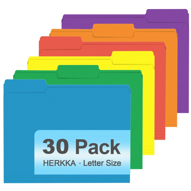 HERKKA File Folder, HERKKA 30 Pack 1/3 Cut Tab File Folders, Colored File Folders Designed for Office and Classroom Use, Letter Size, Assorted 6 Colors - Image 1